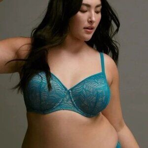 THIRDLOVE Bra Womens 34B Feather Lace Demi Teal Turquoise Underwire